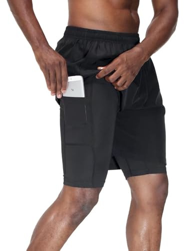 HMIYA män 2 i 1 shorts fitness sportbyxor korta joggingbyxor snabbtorkande löpbyxor med kompressionsshorts och fickor blixtlåsfack, svart, XXL
