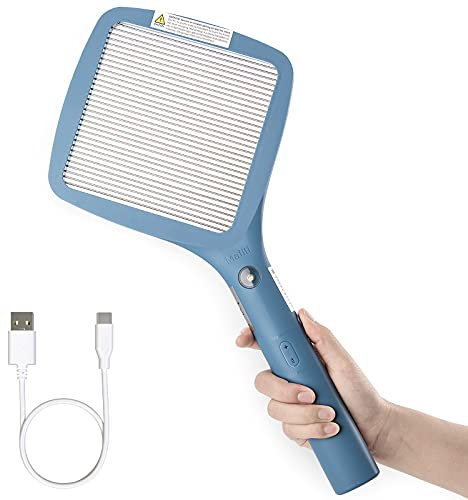 mafiti Elektrische Fliegenklatsche Extra Stark 3000V, Wespenfalle Spinnenfänger Mückenfalle Insektenfänger mit USB Wiederaufladbar und LED-Beleuchtung, Ideal für Drinnen und Draußen (Blau)