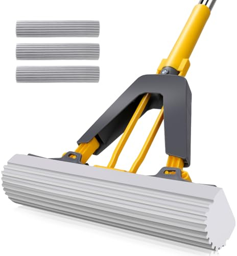 Masthome Mopa de Esponja, mopa con Rodillo con 3 recambios de Esponja superabsorbentes, fregona de Esponja autoapretable para Limpieza de Suelos laminados de Azulejos y mármol | Mango seccional de acero inoxidable, trapeador absorbente para suelos, azulejos, madera, pared, techo