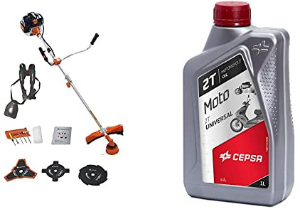 TIMBERPRO 2 en 1 Débroussailleuse Thermique 52 CC, Faucheuse, Coupe Bordure avec Bobine + 3 Lames & CEPSA 514224187 Universal Huile pour Tout Type de Moteur 2T