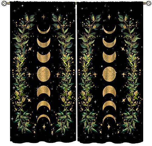 Moon Floral Curtains Black Golden Flower Wildflower Stars Phase Moonlit Garden Aesthetic Boho Vines Nature Window Treatment Set for Bedroom Living Room Decor 2 Panels, 26W x 84L inch Each Panel