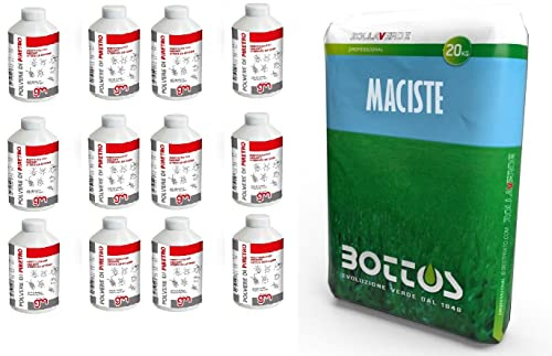 Maciste, Sementi per tappeto erboso Bottos, prato resistente alla siccità ideale per zone aride + insetticida PBK GM, salva-semi Antiformiche in Polvere di Piretro (20Kg + 12)