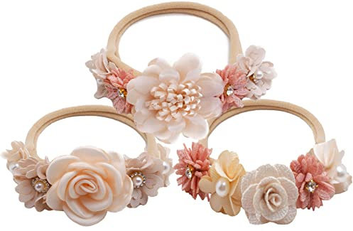 CaySep 3PCS Baby Girl Flower Headbands Set Elastic Bow Hair Band Handmade Bow For Newborn Infant Toddler Pack