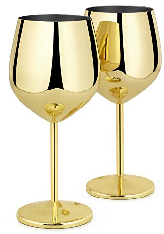 Livole 18oz 550ml Stainless Steel Wine Glasses, Elegant Goblet, Unbreakable Wine Glasses for Cocktail, Champagne, Camping Wine Glass Set of 2, Red Wine Glass for Travel, Picnic, Party, Gold
