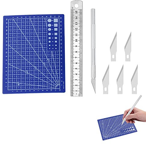 Schneidematte Set, A5 Schneidematte, Selbstheilende Nähmatte, mit Bastelmesser und Stahllineal für Basteln Zeichenunterlage Bastelskalpell