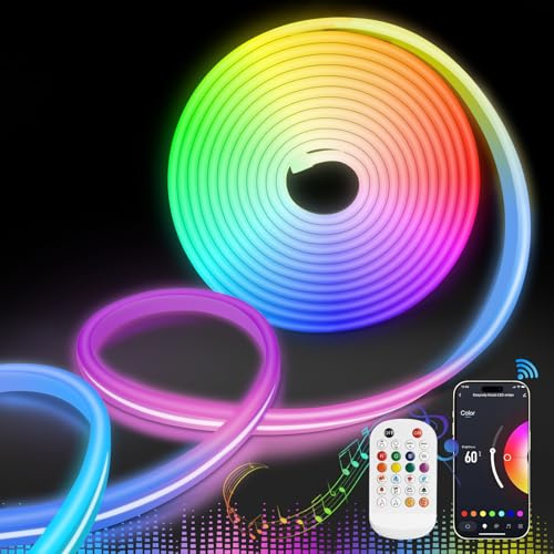 Lamomo LED Strip RGB 5m, Neon Led Streifen APP Steuerung, 12V Wasserdichte Flexible Neon Led Lights, Musik Sync Light Lichtband für Wohnzimmer,Schlafzimmer（Netzadapter nicht enthalten）