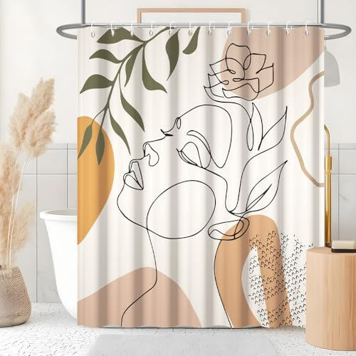 Uiiooazy Duschvorhang 180x180cm Anti Schimmel Orange Abstrakt Gesichter | Duschvorhang Boho Style Grüne Blätter Wasserdicht Stoff Polyester Waschbar Bad Vorhang mit 12 Haken für Badezimmer Badewanne