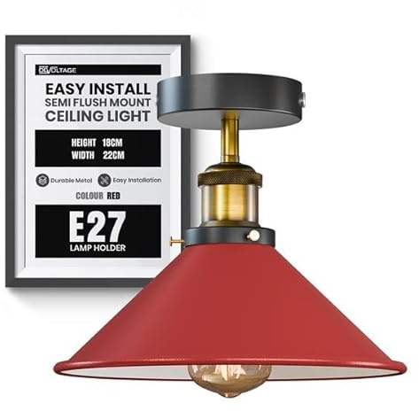 DC VOLTAGE Moderne Deckenleuchte mit LED Beleuchtung, Halbbündige Pendelleuchte, Kronleuchter-Metall, 22cm, konischer Lichtschirm für Flur, Wohnzimmer, Lounge (Rot)