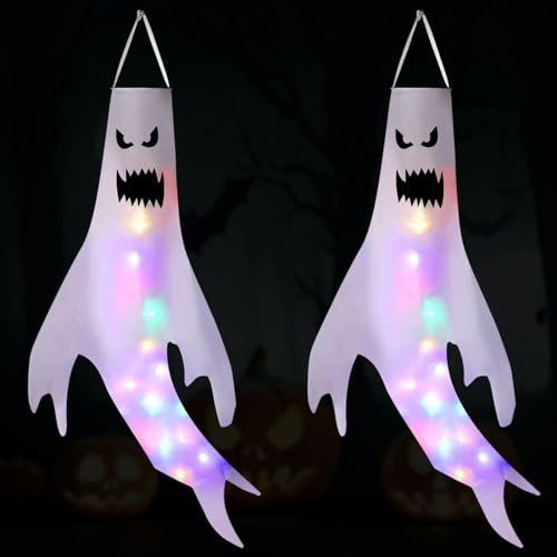 Halloween Deko Outdoor - 2 Stück Geist Dekoration Mit LED Lichterkette, Windsack Ghost Windsock Flagge, Horror Gruselig Hängen Geist Garten Dekoration Party Deko