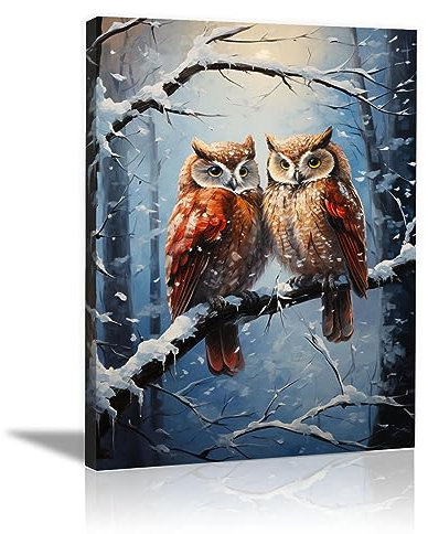 SHYAMIC Bilder Weihnachten Leinwandbild Kunstdruck, Eulen-Paar Wandbild X-Mas Fenster Fotodruck Kunstdruck Leuchtbild, Weihnachten Winteridylle Effekt - 60x90cm Gerahmt