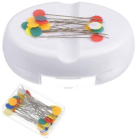 QUARKZMAN Magnetisches Nadelkissen mit 50Stk Pflaume Blume Plastik Kopf Stifte Magnetstifte Halter mit Schublade für Nähen Quilten Nadeln Stifte Haar Bobbystifte Weiß