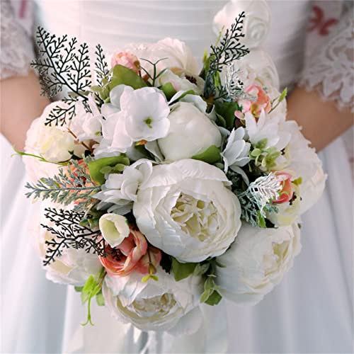 Fouriding Hochzeitssträuße für die Braut, Brautjungfer, Blumenstrauß aus Seide, weiße Pfingstrose, Tischdekoration, für Hochzeitszeremonie, Blumenstrauß (weiß), F021568