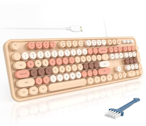 MOFII Trådbundet tangentbord, full storlek USB-tangentbordsplugg spel, färgglatt retro runt skrivmaskinstangentbord med hopfällbara stativ för Windows PC bärbar dator (mjölkte färgglad)