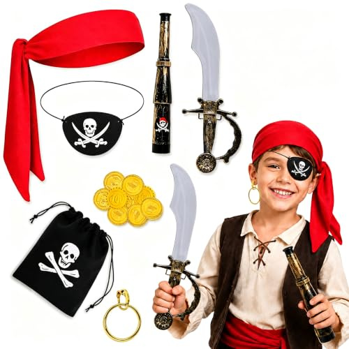 Orgoue 7Stück Piratenkostüm Kinder, Augenklappe Pirat Piraten Kostüm Kinder Piraten Bandana Stirnband Augenklappe Fernglas Für Karneval (Fashion)