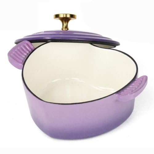 Casserole en fonte émaillée avec couvercle - Petite casserole en forme de cœur 1,9 L - Poêle violette anti-adhésive - Multifonction - Fonte émaillée de 1,9 l