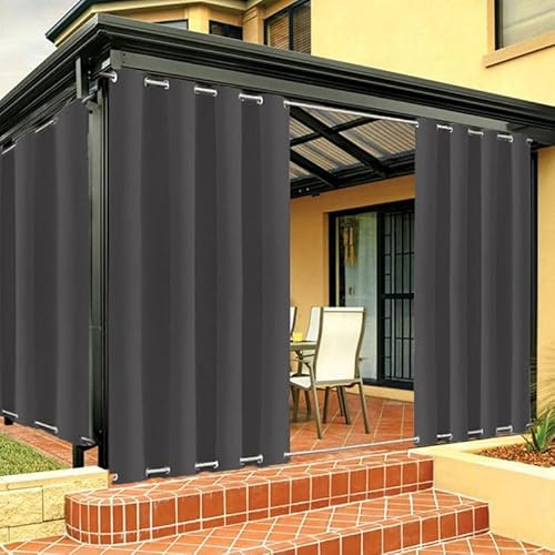 FicaRico Outdoor Vorhang Wetterfest mit Ösen Oben und Unten, Outdoor Vorhänge Sonnenschutz Wasserdicht Blickdicht Gardinen für Pavillon, Benutzerdefinierte Größe -1 Stück, Dunkelgrau, B254xH213cm