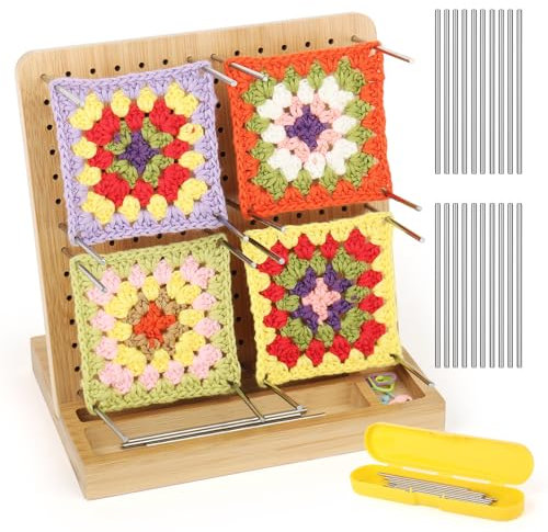 Aeelike Wooden Granny Square Spanner, Blocking Board Häkeln mit Lagerfähiger Stand, Langlebig Sperrbrett Für Granny Square, Häkel Blockierbrett Holz mit 20 Stahlnadeln, 1 Gelb Aufbewahrungsbox