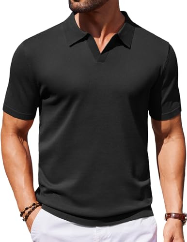 COOFANDY Mens Knit Shirts Vintage Short Sleeve Polo Collar Shirts Business Summer Polo T Shirts (Black, X-Large)