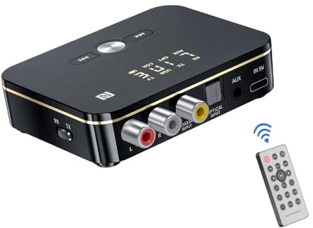 Boannice Trasmettitore Ricevitore Bluetooth NFC 5.0 con Telecomando, Adattatore Audio Bluetooth per Cuffie,TV,Teatri Domestici,PC,Auto con Uscita TF Card, USB, AUX da 3,5 mm, Coassiale, Ottica, RCA