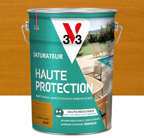 V33 Saturateur bois extérieur Chêne clair mat - Pour terrasses et mobilier de jardin - Haute résistance eau chlorée, UV et graisse - Sans essuyage et non glissant - Résine d'origine végétale - 5L | Pour terrasses et mobilier de jardin, Haute résistance eau chlorée, UV et graisse, Sans essuyage et non glissant