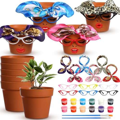 Sliner 6 Set Cute Face Flower Pot Head Planter Funny Plant Pots Painting Kit Include Glasses Silk Scarf Acrylic Paint Glasses Flower Sister Planter Adults Art Painting Spring DIY Crafts