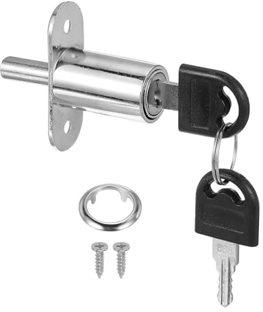 sourcing map Push Plunger Lock with Keys & Screws & Locking Ring 3/4 Cylinder Diameter, Keyed Different 1-1/4 Cylinder Length for Window Barn Drawer Cabinet (Silver)