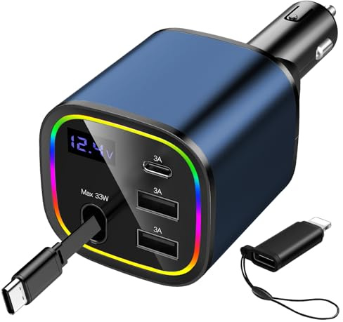 Caricatore Auto Accendisigari USB C 4in1, AGEMANY Retrattile Rapido Carica Batteria per Auto Cellulare con luce RGB per iPhone 16 15 14 13 12, Android, Auto Accessori (Blu)