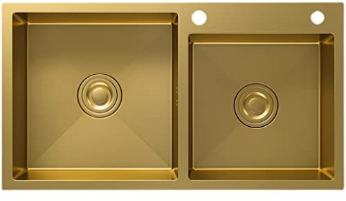 Fregadero de Cocina. Fregadero de Acero Inoxidable 304 de Dos Senos Dorado para vehículos recreativos con desagüe, empotrable o bajo encimera