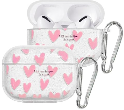 ECZOIL Cute Case Compatible with AirPods Pro 2nd/1st Generation, Cute Pink Heart Pattern Soft Clear TPU Headphone Protective Case with Carabiner-Pink Heart