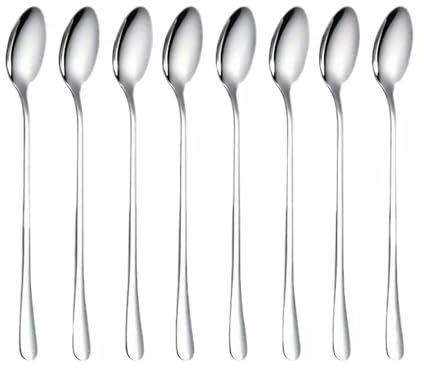 Lot de 8 cuillères à thé glacé longues en acier inoxydable | Cuillère à café glacée à manche long de 20 cm pour mélanger du thé glacé | Ensemble de vaisselle pour crème glacée, dessert, cocktail