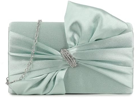 LeahWard Evening Clutch Bag with Bow, Satin Wedding Party Bags, Crystal Rhinestone Detail, Chain Strap (Mint)