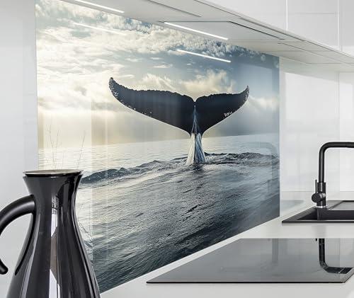 timalo Küchenrückwand Glasoptik | 80 x 50 cm Meer, Wasser, Wal, Walflosse | Acryl Glas 2mm | Spritzschutz Wand für Herd, Küche Glasrückwand Acrylglas Wandpaneele Rückwandschutz Platte
