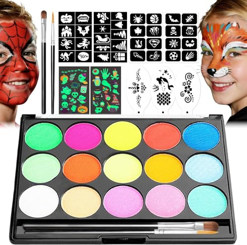 Face Paint Kit, 15 Color Face Painting Palette, with 2 Brushes 34 Stencils, 3 Reusable Stencils, 2 Stickers, Washable Face Paints for Kids Adults Halloween Party Carnival