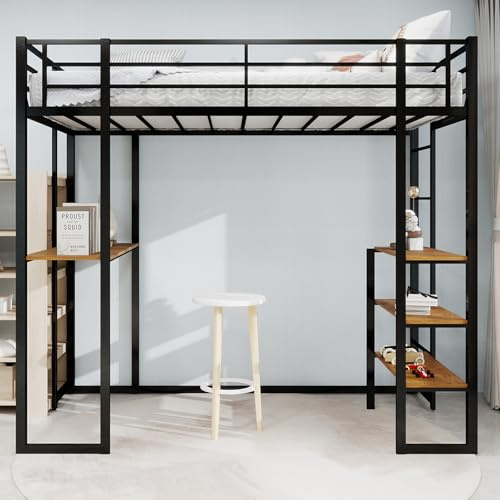 Ligterra Hochbett mit Schreibtisch, Eisenrahmenbett Bett und Tisch, Kinder und Jugendheimbett mit Schreibtisch, Geländer und Treppe, 200 * 107 * 180cm (Schwarz)