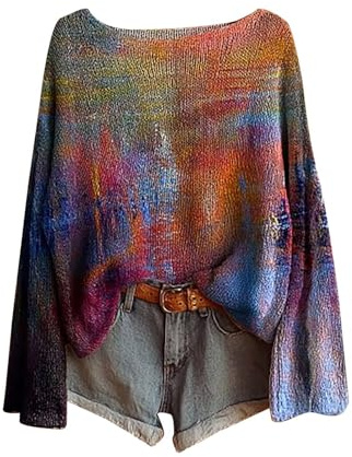 Pull Femme Tee Shirt Rétro Chic et Elegant Pulls Vetement Mode Tshirt Manche Longue Léger Tricoté Hiver Haut Décontracté T-Shirts Tunique Blouse Doux Tee Top Dégradé de Couleurs Vêtements