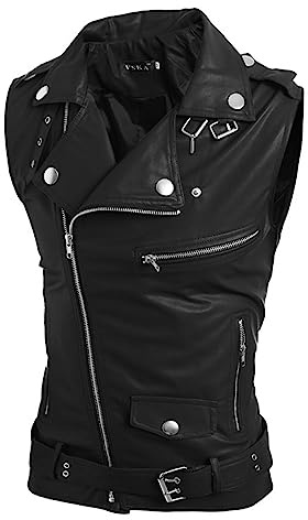 Men's Punk Rock Rivets Leather Jacket Club Motorcycle Bicycle Slim Fit Printed Leather Vest Sleeveless Classic Club Vest with Zip and Collar Leather Rocker Biker Vest Motorcycle Vest, O Black, XL
