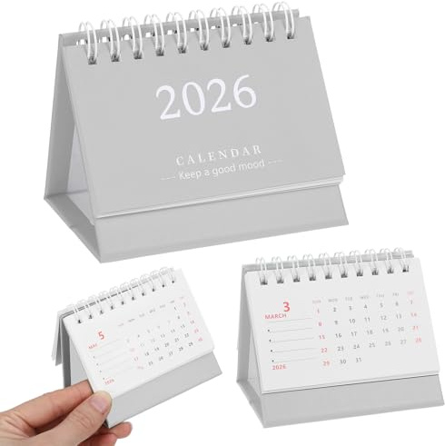 Tyqour Mini calendario da scrivania piccolo 2025-2026, grazioso calendario da tavolo 2025-2026, rilegatura ad anelli in metallo, dimensioni compatte per casa, ufficio, scuola (grigio)