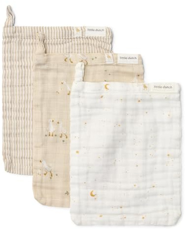 Little Dutch Waschlappen Waschhandschuh Musselin 3er Set für Baby und Kinder - Little Goose - Newborn Naturals beige