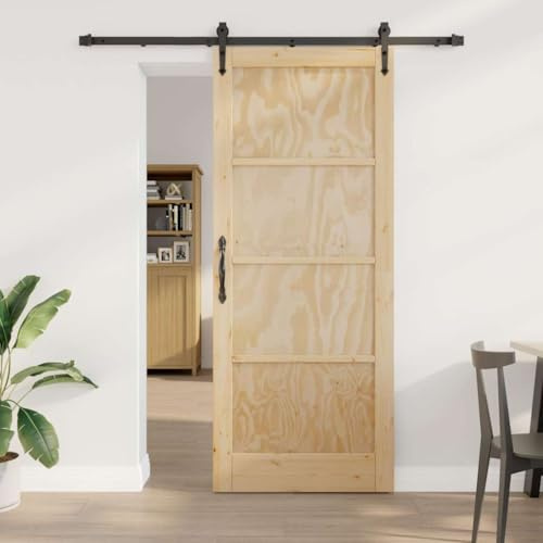 QJBSAVVA Schiebetür ORKDAL Kiefer massiv mit Zarge 183 x 4 x 211 cm Schwarz Natur Moderner Raumteiler platzsparende Garagenkeller Wohnzimmer Flur Gäste WC