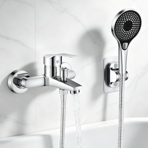Badewannenarmatur mit Duschbrause, Mischbatterie Badewanne Chrom, Klassisch Badewannen Amaturen Set mit 3 Funktionen Messing Duscharmatur Wasserhahn Badewanne mit Handbrause und 1.5m Schlauch für Bad