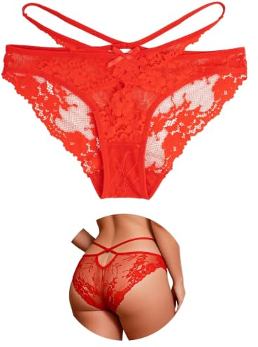 comeondear Lace Brazilian Knickers for Women Criss Cross Sexy Panties S-2XL | Elastic Waist, Floral Lace, Ladies Low Rise Cheeky Underwear, Plus Size Bikini Briefs with Bow