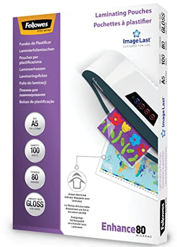 Fellowes Laminierfolien A5 ImageLast, 80 Mikron (2 x 80 Mikron), 100 Stück, transparent mit Ausrichtungshilfe. Ideal für Fotos und Informationshinweise mit optimalem Kontrast
