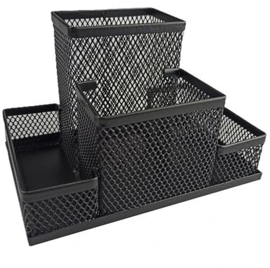 Q-CONNECT KF15112 Schreibtisch-Organizer 4 Fächer/aus Lackiertem Metallgeflecht/Schwarz/Schreibtischorganizer/Mesh Metall Büro-Organizer Desk Organizer/mit Gummifüßen/ 15,3 x 10,3 x 10,0 cm