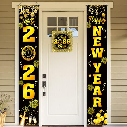 HOWAF Neujahr Party Dekorationen Silvester Deko 2027 Schwarz und Gold, Happy New Year Banner Hello 2027 Banner Willkommen Veranda Zeichen für Neujahrsdeko, Silvesterpartydeko
