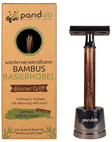 pandoo Rasierhobel mit Halter und Bambus-Griff | Zero-Waste Rasierer | Sicherheits-Rasierhobel | Safety Naßrasierer | Männer und Frauen | geschlossener Kamm - plastikfrei inkl. eBook & 10 Klingen