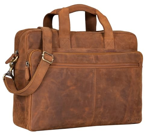 STILORD Thompson Vintage Ledertasche Business Tasche Groß Aktentasche Lehrertasche zum Umhängen für Laptop DIN A4 Bürotasche Trolley Aufsteckbar Echtes Leder Farbe:vegetabil - Brandy