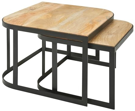FineBuy Couchtisch 2er Set 60x60x40 cm Mango Massivholz Hellbraun | Beistelltische im Industrial Style mit schwarzen Metallbeinen, Wohnzimmertische aus Echtholz, handgefertigt