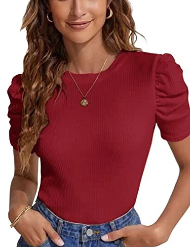 Tuopuda T-shirt damer, sommartoppar, rund hals, toppar, kortärmad blus, eleganta baströjor med puffärmar, fritid, tunika, skjorta, stretch, jersey, damblus för vår, sommar, höst, Vinröd, XL