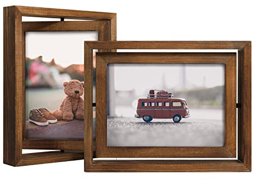 Egofine 2 Pack 5x7 Rotating Floating Picture Frames,Double-Sided Display with HD Glass Front Wooden Distressed Frame for Vertical or Horizontal Tabletop Display, Carbonization