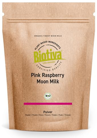 Pink Moon Milk Bio 100g - Boisson ayuvédique - Ashwagandha, fraise, framboise, cannelle & noix de muscade - Sans sucre ajouté - contrôlé et certifié en Allemagne - végétalien - Biotiva